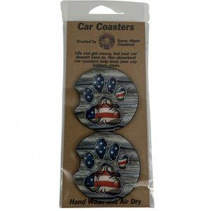 Car Coasters Patriotic Dog Paw Rustic Wood Dog Life Set of 2 Neoprene Absorbent
